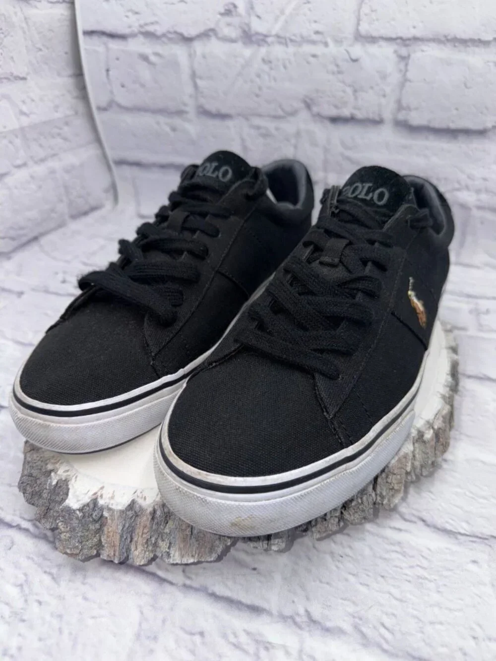 Mens Polo Ralph Lauren Sayer Black Canvas and Suede Sneakers Shoes Sz 11.5